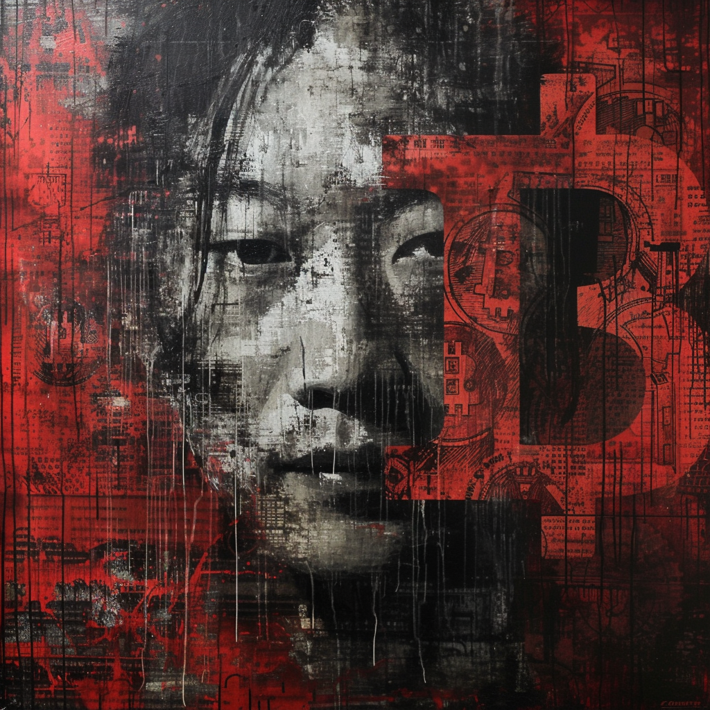 Asian Man Behind Bitcoin Logo Hinting at the Synonym of the Bitcoin Creator Satoshi Nakamoto. Oil Painting. Modern Art.